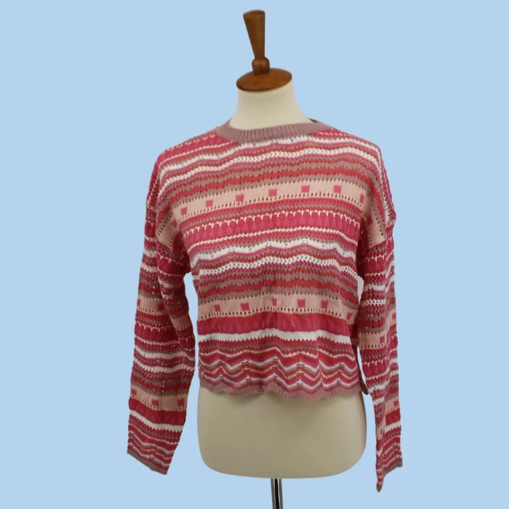 Vintage Knit Pink White Long Sleeve Cropped Sweater S - Picture 1 of 8